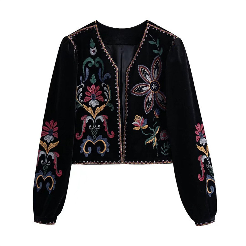 Crop Cardigan Vintage - Women Vintage Floral Embroidered Velvet Cropped