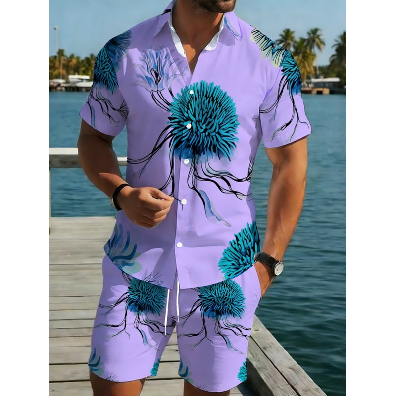Printed Floral Shirt - Men's Hawaiian Shirt Shorts Set Purple