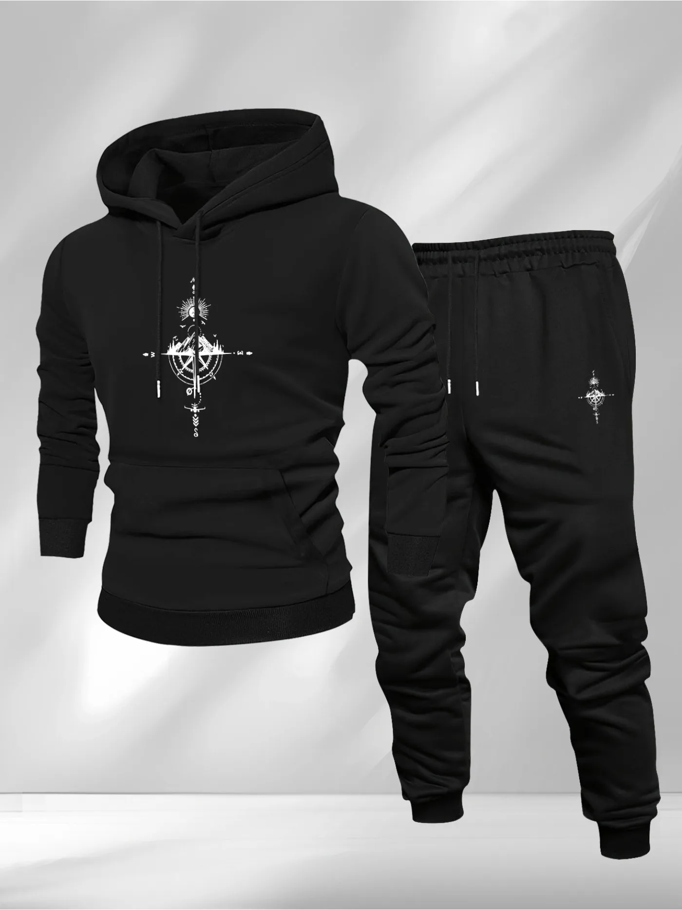 Vintage Fashion Mens - Vintage Compass Print Hoodie and Sweatpants
