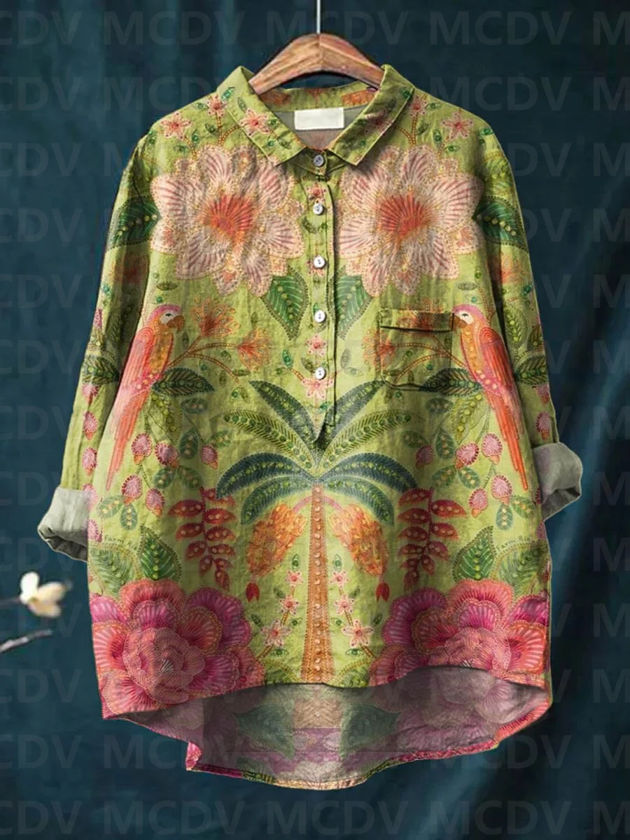 Printed Floral Shirt - Women's Vintage Ethnic Floral Parrots Art