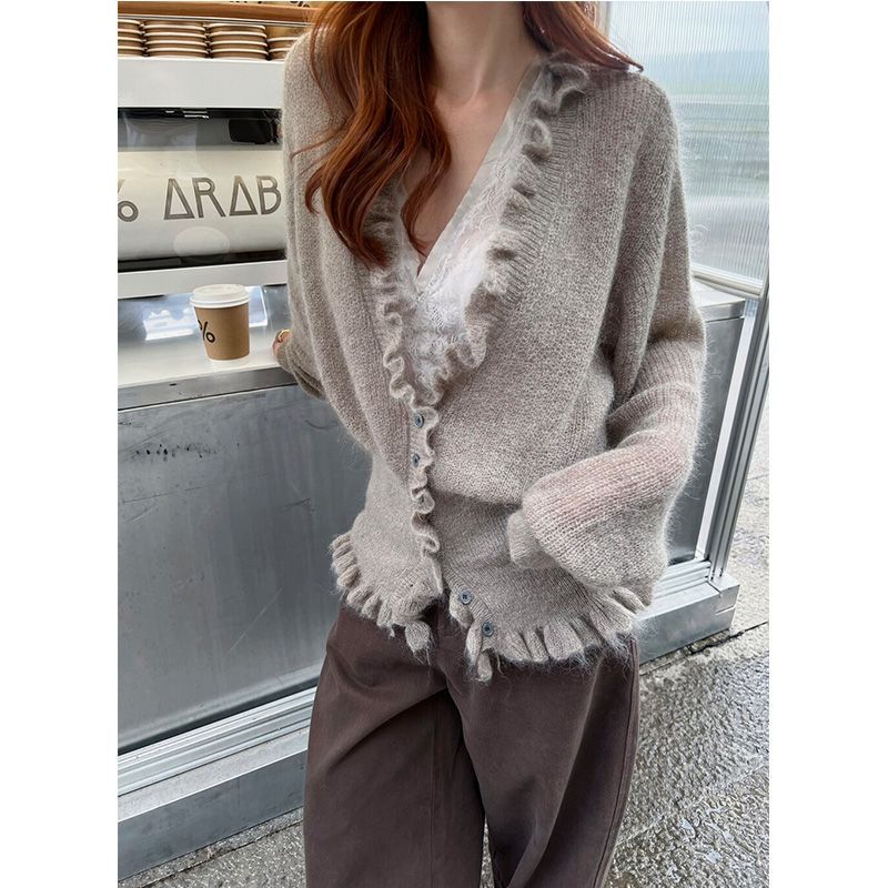 Korean Style V-neck Ruffled Sw - Crop Cardigan Vintage 评论和价格