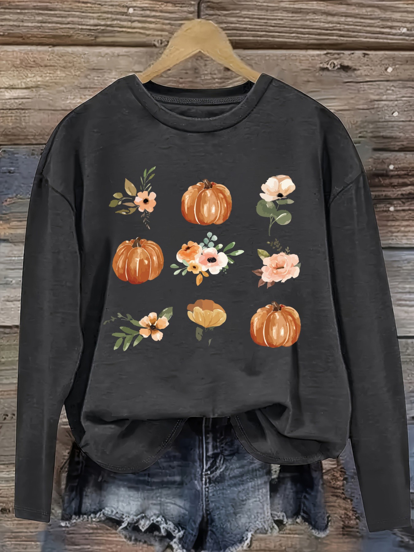 Women's Casual Long Sleeve Cre - Printed Floral Shirt 评论和价格