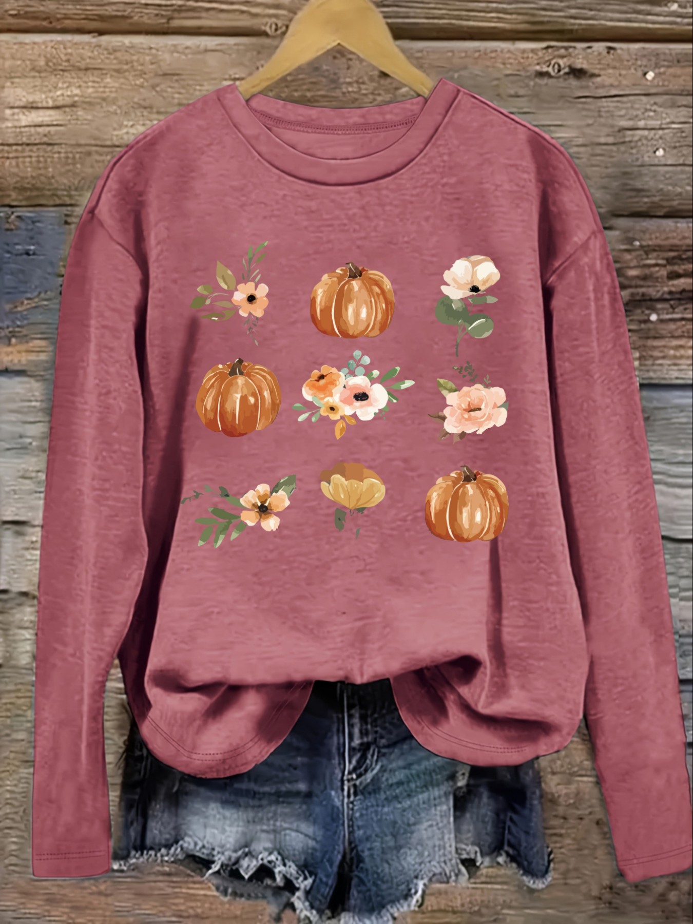 Women's Casual Long Sleeve Cre - Printed Floral Shirt 评论和价格