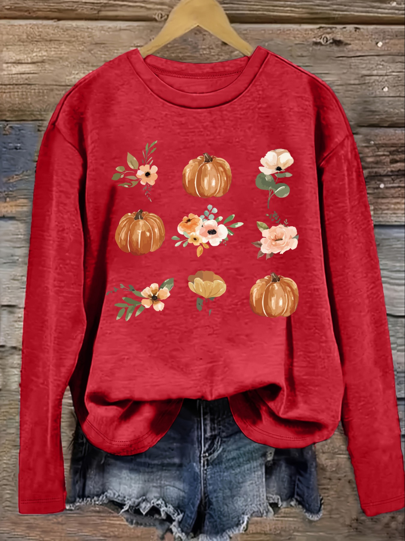 Women's Casual Long Sleeve Cre - Printed Floral Shirt 评论和价格