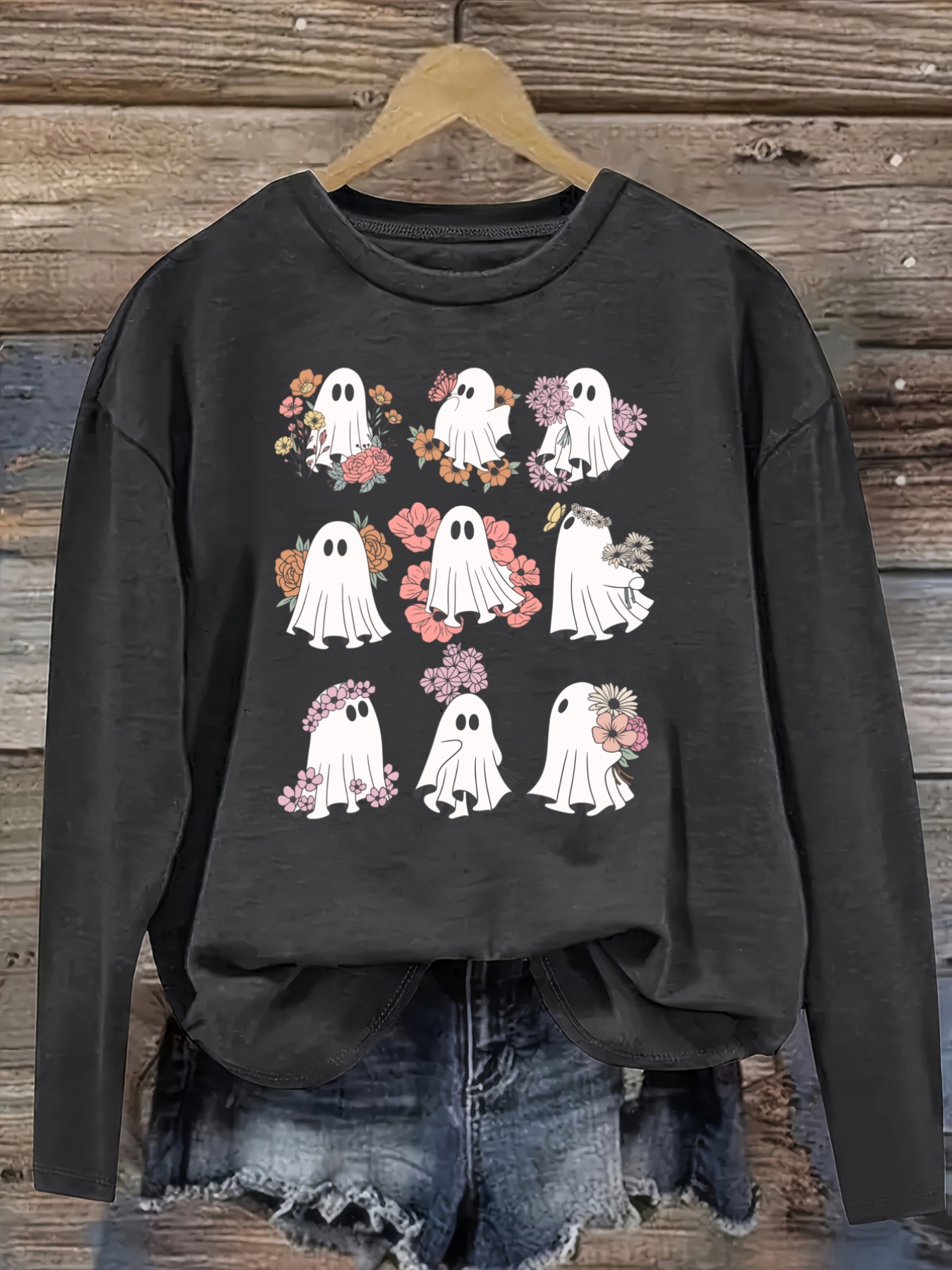 Women's Casual Long Sleeve Cre - Printed Floral Shirt 评论和价格