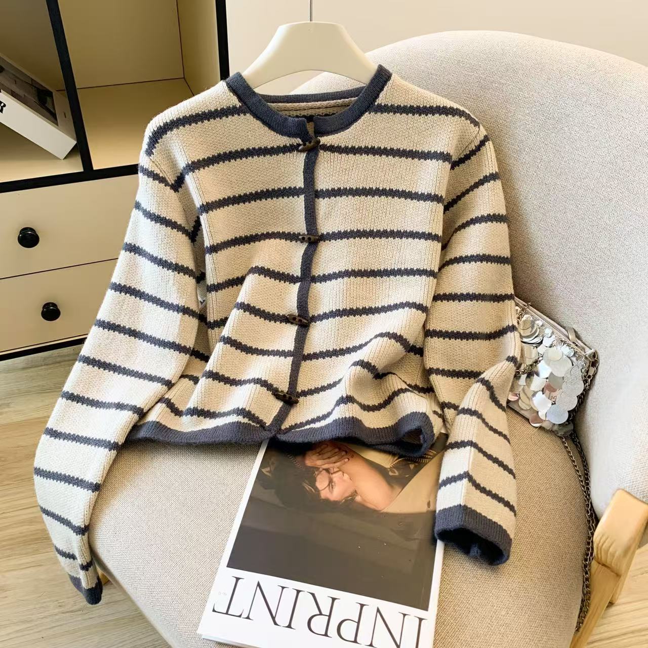 Women's Striped O-Neck Cardiga - Crop Cardigan Vintage 评论和价格