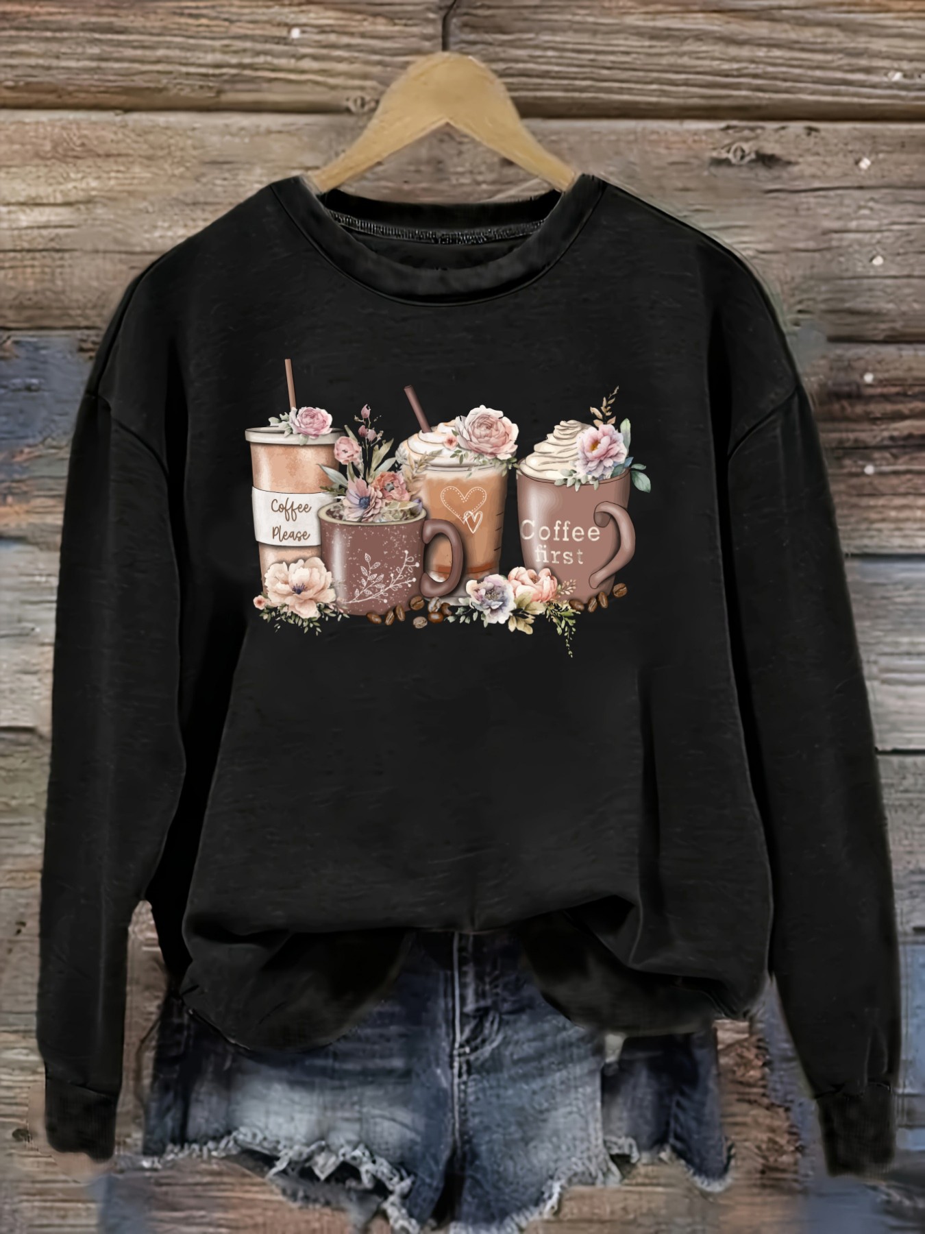 Women's Casual Long Sleeve Cre - Printed Floral Shirt 评论和价格