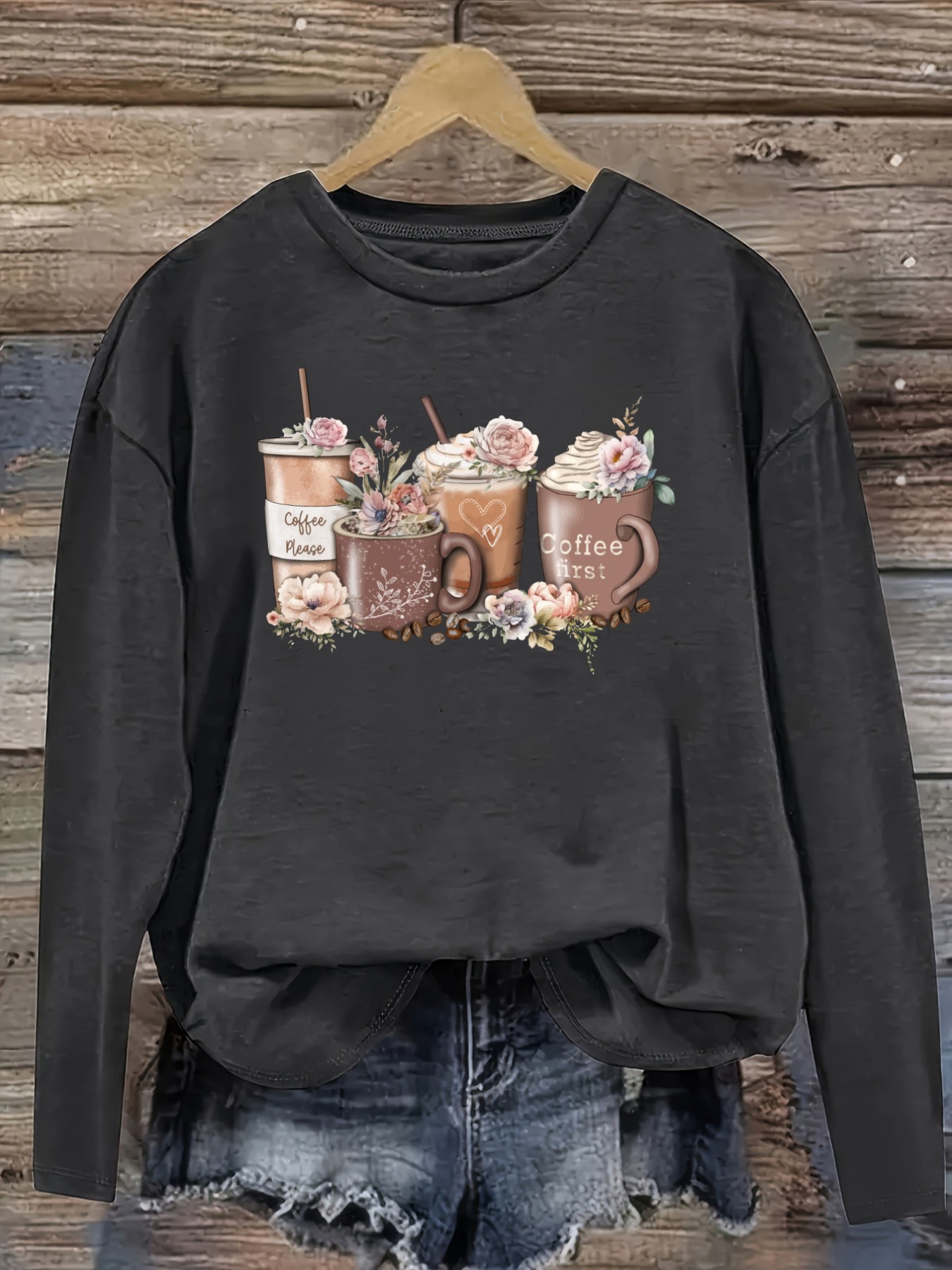 Women's Casual Long Sleeve Cre - Printed Floral Shirt 评论和价格