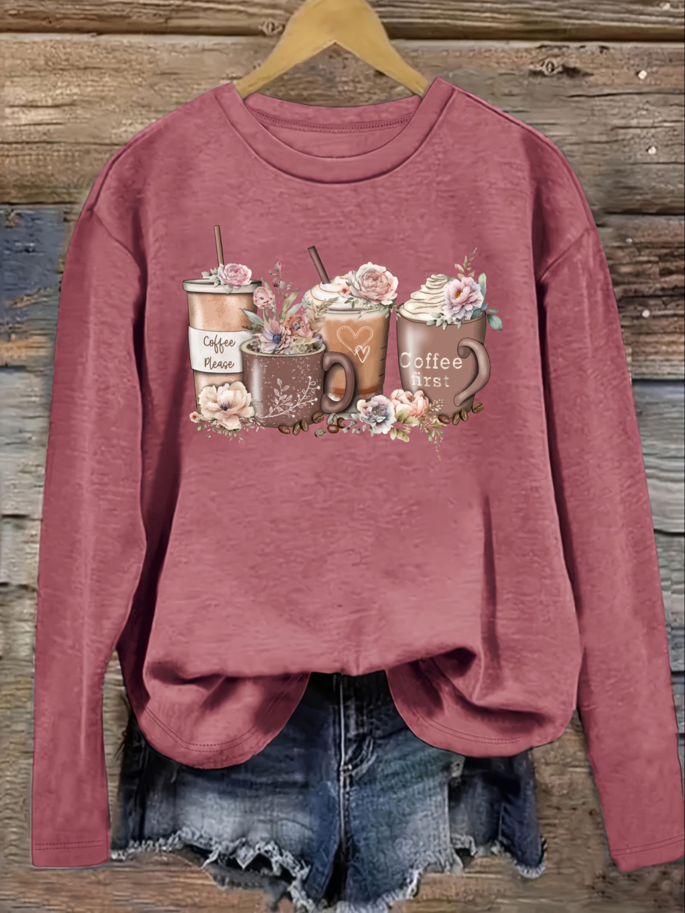 Women's Casual Long Sleeve Cre - Printed Floral Shirt 评论和价格