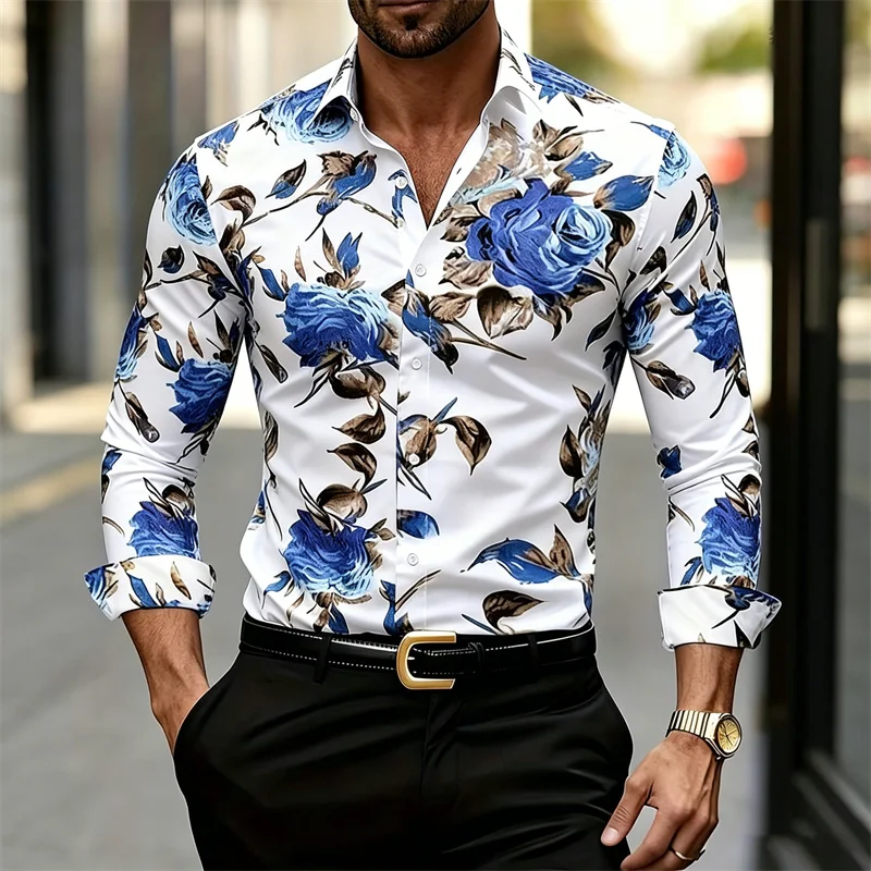 Men's Long-sleeve Collared Shi - Printed Floral Shirt 评论和价格
