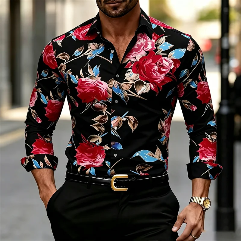 Men's Long-sleeve Collared Shi - Printed Floral Shirt 评论和价格