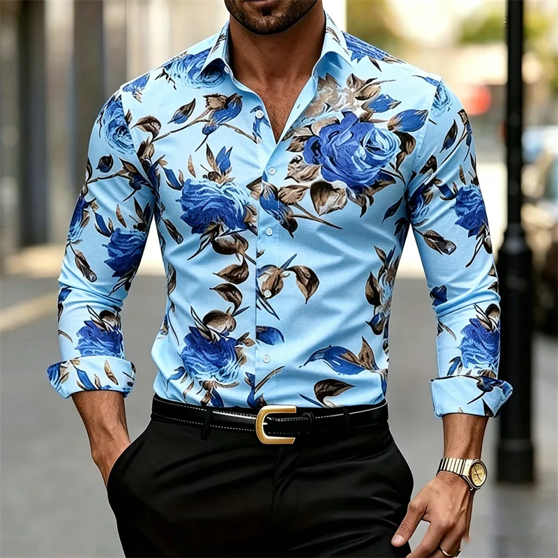 Men's Long-sleeve Collared Shi - Printed Floral Shirt 评论和价格