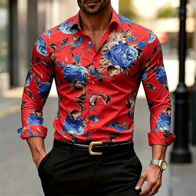 Men's Long-sleeve Collared Shi - Printed Floral Shirt 评论和价格