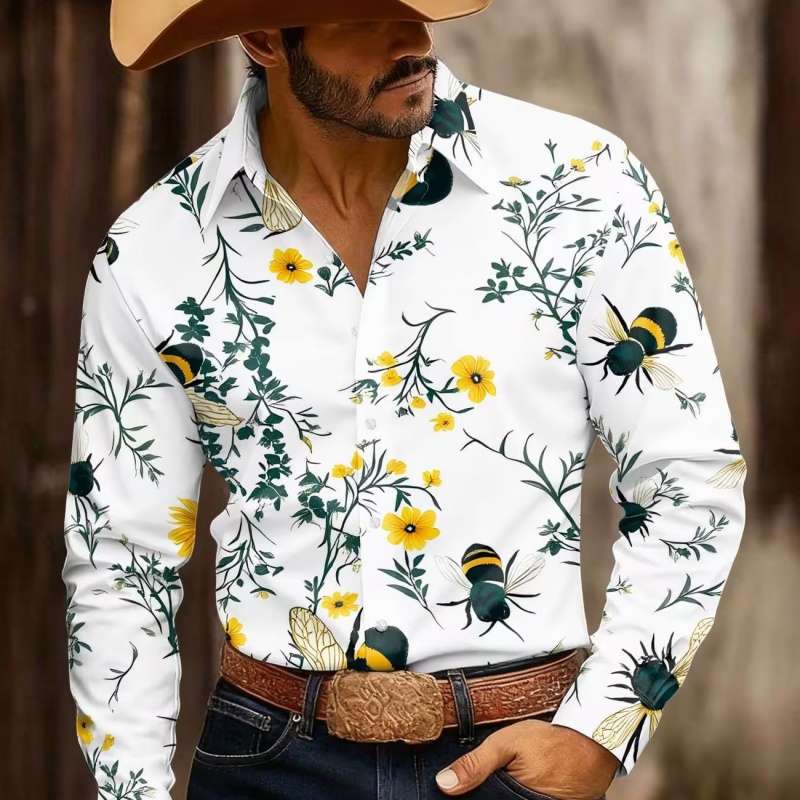 Men's Floral Print Long-Sleeve - Printed Floral Shirt 评论和价格